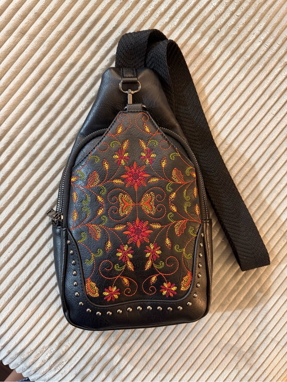 Black Embroidered Floral Crossbody Sling Bag